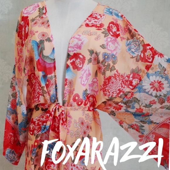 Red Floral Boho Long Kimono Duster Coverup Robe - Picture 6 of 6